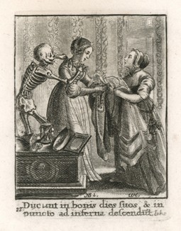 Смерть украшает шею модницы ожерельем из костей ("Пляски смерти" Ганса Гольбейна Младшего, гравированные Венцеслаусом Холларом (лист 22))