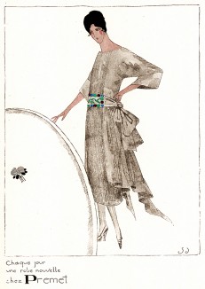 Реклама дома моды Premet. Иллюстрация Франсуа Йано-Флореса в технике пошуар. Les feuillets d'art. Париж, 1920