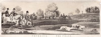 Охота на зайца с гончими. Преследование. Литография Джеймса Полларда, Лондон, 1823.
