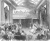 Музыкальная гостиная с куполообразным потолком, гигантской полукруглой аркой окна и потрясающим паркетом в Букингемском дворце -- официальной лондонской резиденции британских монархов (The Illustrated London News №111 от 15/06/1844 г.)
