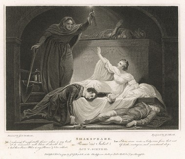 Иллюстрация к трагедии Шекспира "Ромео и Джульетта", акт V, сцена III: Джульетта просыпается и видит умершего Ромео. Graphic Illustrations of the Dramatic works of Shakspeare, Лондон, 1803.