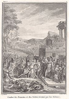 Битва римлян с сабинянами. Лист из "Краткой истории Рима" (Abrege De L'Histoire Romaine), Париж, 1760-1765 годы