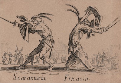 Скарамучча и Фрикассо (Scaramucia - Fricasso). Из цикла офортов конца 19 века, выполненного по серии гравюр Жака Калло "Balli Di Sfessania" (Танцы беззадых (бескостных)), в которой он изобразил персонажей итальянской "Комедии дель Арте"