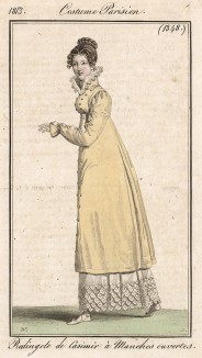 Редингот из кашемировой ткани, с открытыми рукавами. Из первого французского журнала мод эпохи ампир Journal des dames et des modes, Париж, 1813. Модель № 1348