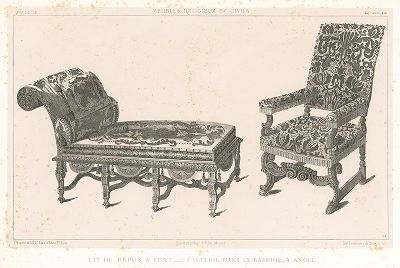 Английская кушетка и кресло, XVII век. Meubles religieux et civils..., Париж, 1864-74 гг. 