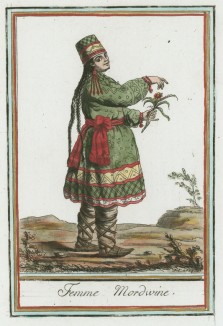 Женщина из Мордовии середины XVIII века с цветком в традиционной одежде (иллюстрация к работе Costumes civils actuels de tous les peuples..., изданной в Париже в 1788 году)