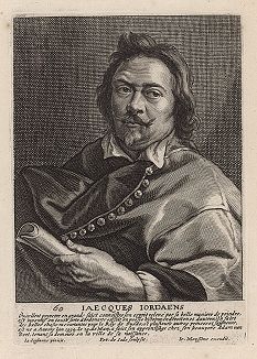 Якоб Йорданс (1593 -- 1678) -- гравер, рисовальщик и важнейший живописец Южных Нидерландов после Рубенса. Гравюра Петера де Йоде с автопортрета художника. 