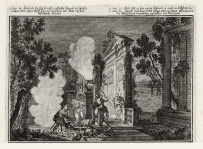 Саул у волшебницы в Аэндоре (из Biblisches Engel- und Kunstwerk -- шедевра германского барокко. Гравировал неподражаемый Иоганн Ульрих Краусс в Аугсбурге в 1700 году)