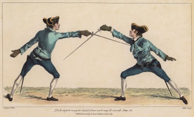 Ответный удар из пятой позиции с опорной ноги на удар из второй позиции (лист 26 знаменитого учебника по фехтованию Доменико Анджело, изданного в 1763 году в Лондоне). Репринт 1968 года.