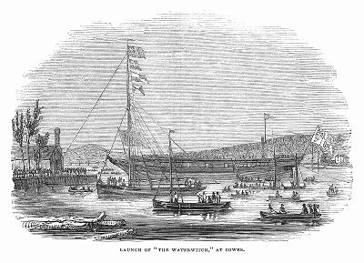 Спуск на воду военного брига британского флота под названием "Уотеруитч", построенного в 1844 году на судостроительной верфи в английском морском порте Кауз, расположенном на острове Уайт (The Illustrated London News №111 от 15/06/1844 г.)