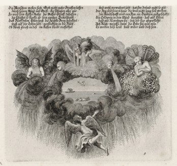 Окончание Всемирного потопа (из Biblisches Engel- und Kunstwerk -- шедевра германского барокко. Гравировал неподражаемый Иоганн Ульрих Краусс в Аугсбурге в 1700 году)