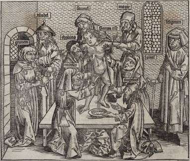 Ритуальное жертвоприношение мальчика Симона в Триенте в 1475 или в 1485 г. Ритуал был своего рода имитацией мук Христа. Симон был причислен к лику святых. На обороте текст и две миниатюрные гравюры 