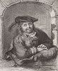 Иронический автопортрет известного голландского художника и ассистента Рембрандта Фердинанда Бола (1616--1680), выполненный в технике офорта не менее знаменитым историком гравюры Адамом Барчем. 