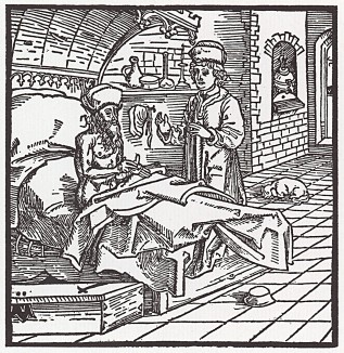 Умирающий Катон даёт наставления Катону Младшему (иллюстрация к книге "Рыцарь Башни", гравированная Дюрером в 1493 году)
