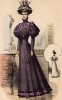 Яркое приталенное фиолетовое платье с рукавами-фонариками и оригинальная шляпа с перьями. Из французского модного журнала Le Coquet, выпуск 278, 1892 год