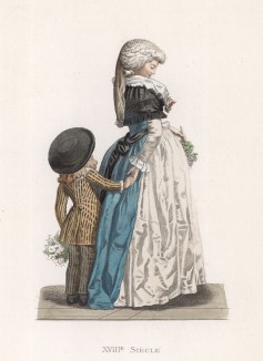 Молодая француженка на прогулке с сыном (лист 145 работы Жоржа Дюплесси "Исторический костюм XVI -- XVIII веков", роскошно изданной в Париже в 1867 году)