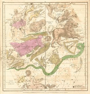 Видимая часть неба в апреле, мае и июне. Atlas, designed to illustrate The Geography of the heavens by Elijah H. Burritt, л.4, Нью-Йорк, 1841