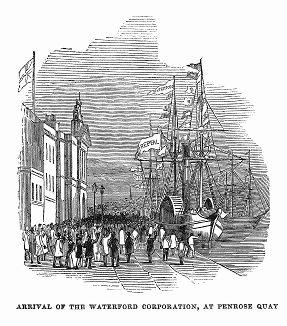 Прибытие к ирландскому берегу судна Дэниэла О'Коннелла (1775 -- 1847 гг.) --  лидера кампании отзыва британо-ирландской унии, арестованного в Англии, затем освобождённого по решению Палаты Лордов (The Illustrated London News №103 от 20/04/1844 г.)