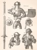 Основные части рыцарского доспеха эпохи Максимилиана I: Турнирное копье (fig. 7), наконечник (fig. 7c), подшлемник (fig. 3), нагрудник и шлем (fig. 5), набедренник (fig. 8, 9), налядвенник (fig. 4) и пр.