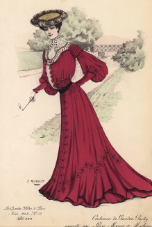 Соломенная шляпа, платье ализаринового цвета -- по моде модерна для "garden party" (Les grandes modes de Paris за 1903 год. Август)