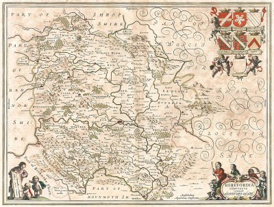 Карта графства Херефордшир. Herefordia comitatus vernacule Hereford shire. Составил Ян Янсониус. Амстердам, 1646