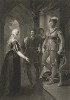 Иллюстрация к пьесе Шекспира "Генрих VI, часть третья", акт III, сцена II: Леди Грей просит короля Эдуарда вернуть ей ее земли. Boydell's Graphic Illustrations of the Dramatic works of Shakspeare, Лондон, 1803.