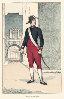 Офицер "стражей тишины" (gardiens de la paix) в униформе образца 1802 года. Ville de Paris. Histoire des gardiens de la paix. Париж, 1896
