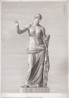 Венера Арлезианская (Афродита) - скульптура, хранящаяся в Лувре, - найдена в Арле (Франция) в 1651 году. Лист из "Le Musee Francais, recueil complete des Tableaux, statues...", Париж, 1803-1809.