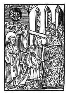 Святой Вольфганг принимает сан епископа Трира. Из "Жития Святого Вольфганга" (Das Leben S. Wolfgangs) неизвестного немецкого мастера. Издал Johann Weyssenburger, Ландсхут, 1515