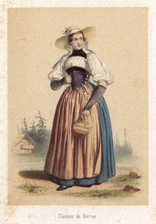 Девушка из кантона Берн в традиционном костюме своей местности. Сoutumes suisses dessinés d'aprés nature, par J.Suter. Париж, 1840