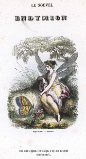 Юная стрекоза и бабочка Голубянка эндимион. Les Papillons, métamorphoses terrestres des peuples de l'air par Amédée Varin. Париж, 1852