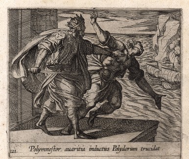 Полимнестор убивает Полидора. Гравировал Антонио Темпеста для своей знаменитой серии "Метаморфозы" Овидия, л.121. Амстердам, 1606
