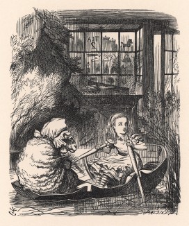 Не успели они отплыть немного, как одно весло завязло в воде и ни за что не желало вылезать (иллюстрация Джона Тенниела к книге Льюиса Кэрролла «Алиса в Зазеркалье», выпущенной в Лондоне в 1870 году)