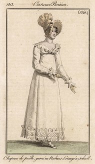 Платье с высоким поясом, украшенное лентами, с воротником-шалькой. Из первого французского журнала мод эпохи ампир Journal des dames et des modes, Париж, 1813. Модель № 1346
