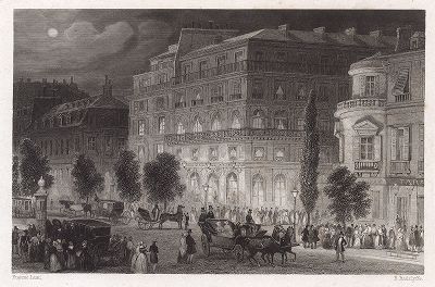 Вечерний Париж, Итальянский бульвар. Гравюра по рисунку Эжена Лами, 1843 год. 