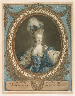 Портрет Марии-Антуанетты. Акватинта Жана-Франсуа Жанине с дополнительной работой в технике меццо-тинто и карандашной манеры. Вклеен в отдельно напечатанную овальную раму, выполненную в той же сложной технике, 1777 год. 