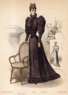Элегантное платье с кружевным воротником и рукавами-фонариками. Из французского модного журнала Le Coquet, выпуск 293, 1892 год