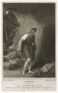 Иллюстрация к пьесе Шекспира "Цимбелин", акт III, сцена VI: Имогена, переодетая мужчиной, перед входом в пещеру. Graphic Illustrations of the Dramatic works of Shakspeare, Лондон, 1803.