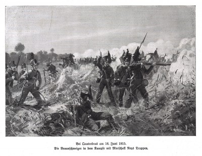 Брауншвейгская пехота ведет огонь в сражении при Линьи 16 июня 1815 г. Илл. Рихарда Кнотеля. Die Deutschen Befreiungskriege 1806-1815, Берлин, 1901 