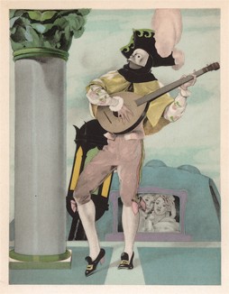 Музыкант в карнавальной маске. Иллюстрация Умберто Брунеллески к произведению Вольтера "Кандид, или оптимизм" - Candide Ou L'Optimisme. Париж, 1933