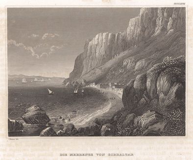 Вид на Гибралтар. Meyer's Universum, Oder, Abbildung Und Beschreibung Des Sehenswerthesten Und Merkwurdigsten Der Natur Und Kunst Auf Der Ganzen Erde, Хильдбургхаузен, 1840 год.