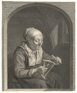 Женщина за рукоделием. Гравировал Иоганн Георг Вилль с живописного оригинала Герарда Доу. Париж, 1762