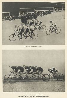 Тренировка французских велогонщиков с тренерами на многоместных велосипедах. Les cyclisme, Париж, 1935