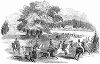 Скачки, проводящиеся в поместье Горхамбури, построенном в 1777 году английским архитектором Сэром Робертом Тейлором (1714 -- 1788) (The Illustrated London News №107 от 18/05/1844 г.)