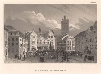 Рынок в немецком городе Дармштадт. Meyer's Universum, Oder, Abbildung Und Beschreibung Des Sehenswerthesten Und Merkwurdigsten Der Natur Und Kunst Auf Der Ganzen Erde, Хильдбургхаузен, 1839 год.