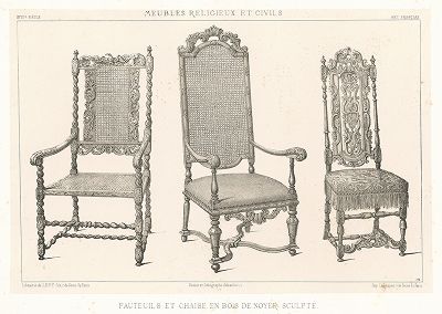Французские кресла и стул из ореха, XVIII век. Meubles religieux et civils..., Париж, 1864-74 гг. 
