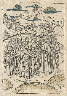Христос и двенадцать апостолов. Ксилография из книги «Жизнь Христа» Лудольфа Саксонского, 1488 год. 
