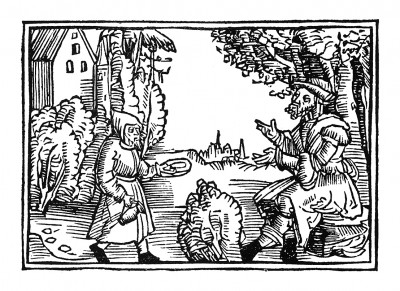 Офферус принимает подаяние. Из "Жития Святого Христофора" (S. Christops Geburt und Leben) неизвестного немецкого мастера. Издал Johann Weyssenburger, Ландсхут, 1520. 
