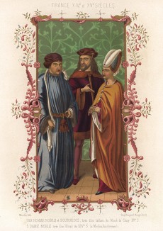 Средневековый французский кутюрье демонстрирует знатной клиентке модный костюм, а её супруг оценивает (из Les arts somptuaires... Париж. 1858 год)