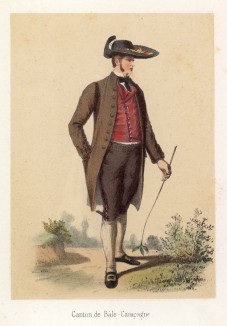 Юноша в традиционном костюме кантона Базель-Ланд на прогулке. Сoutumes suisses dessinés d'aprés nature, par J.Suter. Париж, 1840